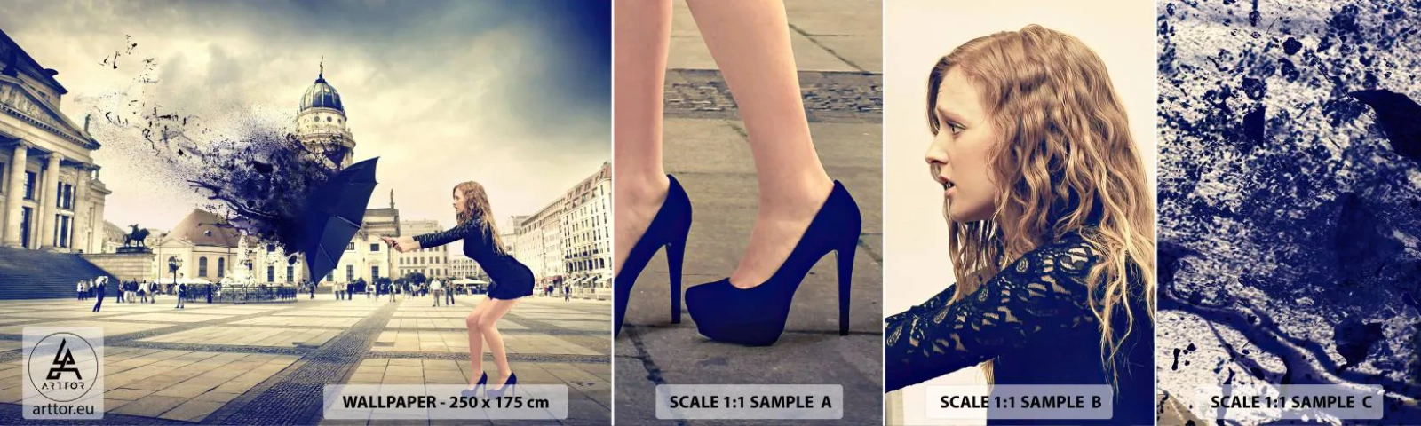 Prøve Fototapet Selvklæbende Deluxe Sticker - Der er en sådan vind... - Kvinde, By, Mystisk paraply - 100x30 cm