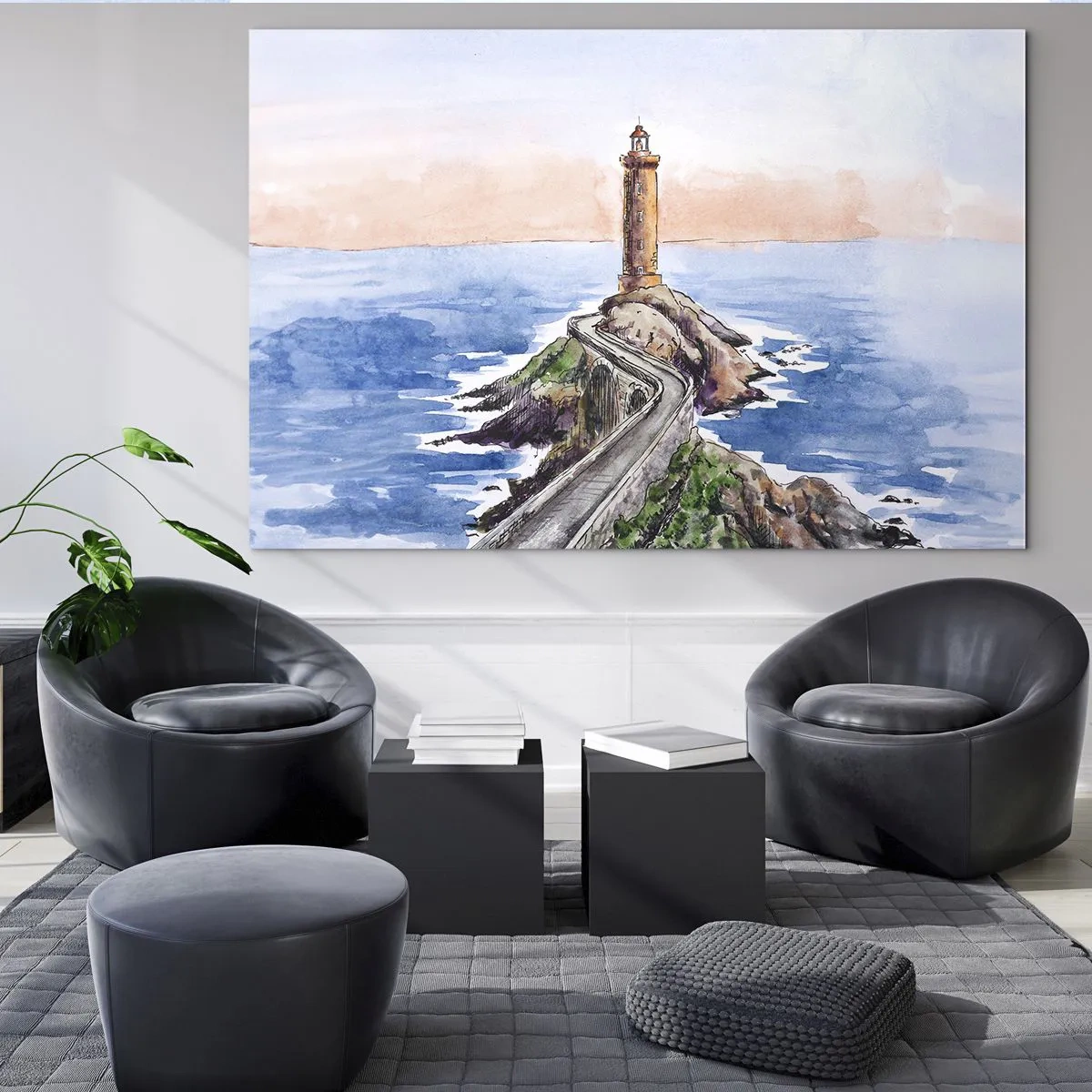 Billede på glas - Et fyrtårn på et klippefyldt forbjerg omgivet af et roligt hav - 70x50cm - Med front mod havet - Moderne vægdekoration til stue og soveværelse ARTTOR