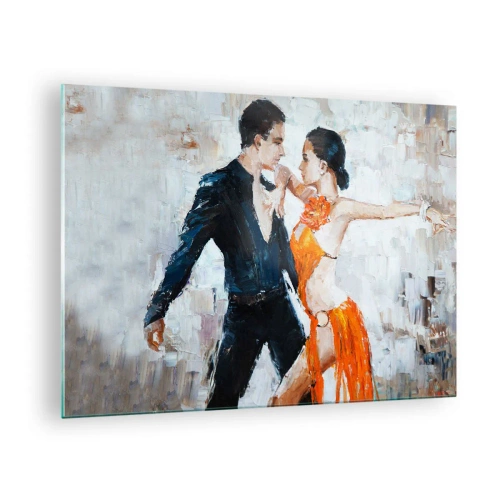 Billede på glas - Et par, der danser i en dynamisk positur mod en impressionistisk baggrund - 70x50cm - Dirty dancing - Moderne vægdekoration til stue og soveværelse ARTTOR