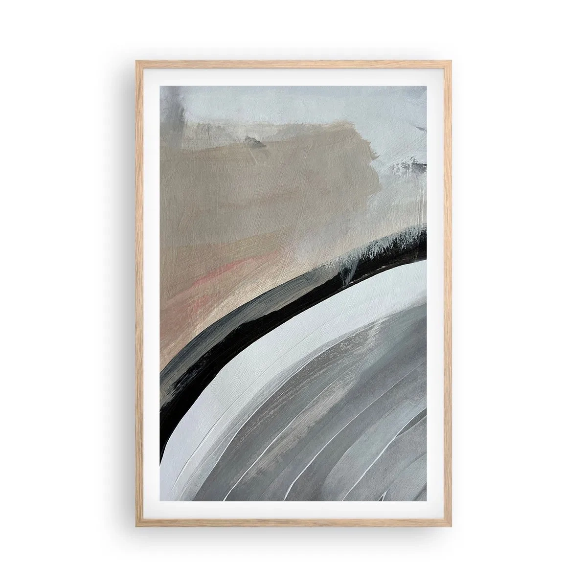 Plakat i ramme af lyst egetræ - Komposition: en bue af sort og gråt - 61x91 cm