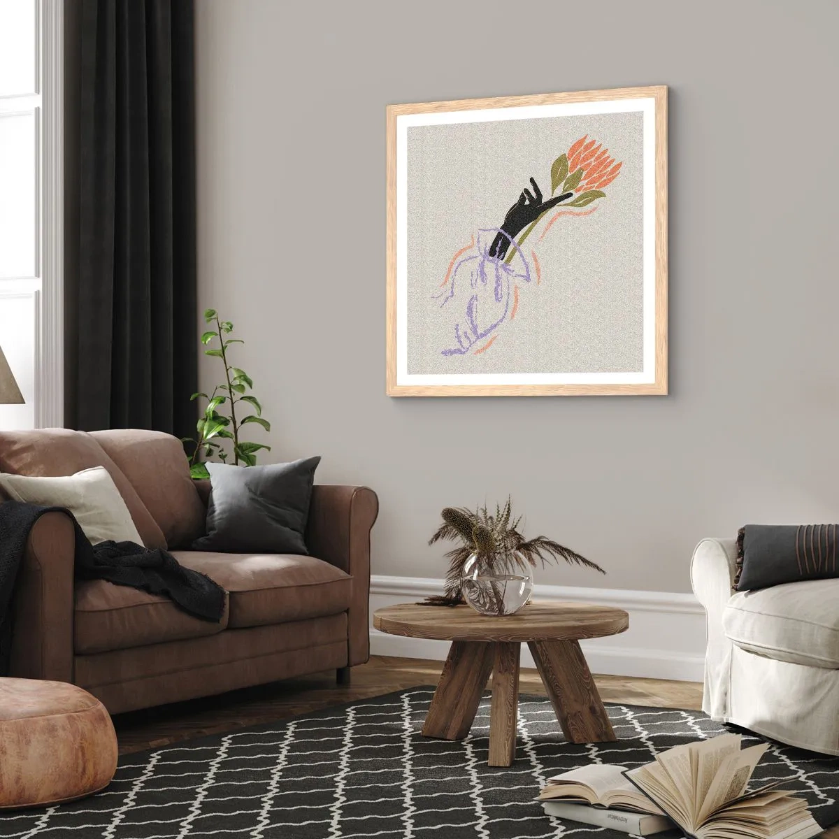 Plakat i ramme af lyst egetræ - En søsterlig berøring - 50x50 cm