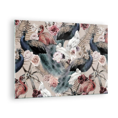Billede på glas - Påfugle og flamingoer omgivet af roser og bregner - 70x50cm - I paladsets have - Moderne vægdekoration til stue og soveværelse ARTTOR