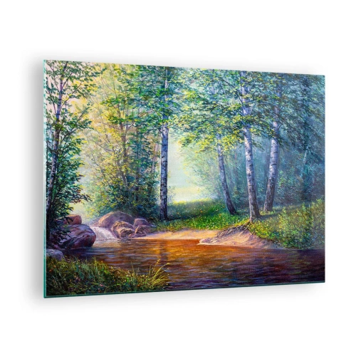 Billede på glas - En skovbæk omgivet af træer i solens stråler - 70x50cm - Idylliske omgivelser - Moderne vægdekoration til stue og soveværelse ARTTOR