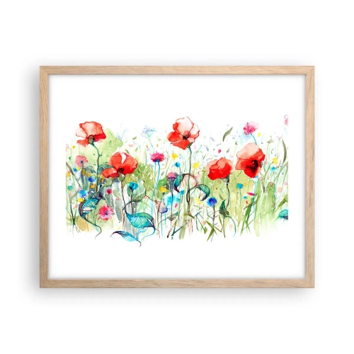 Plakat i ramme af lyst egetræ - En blomstrende eng i maj - 50x40 cm