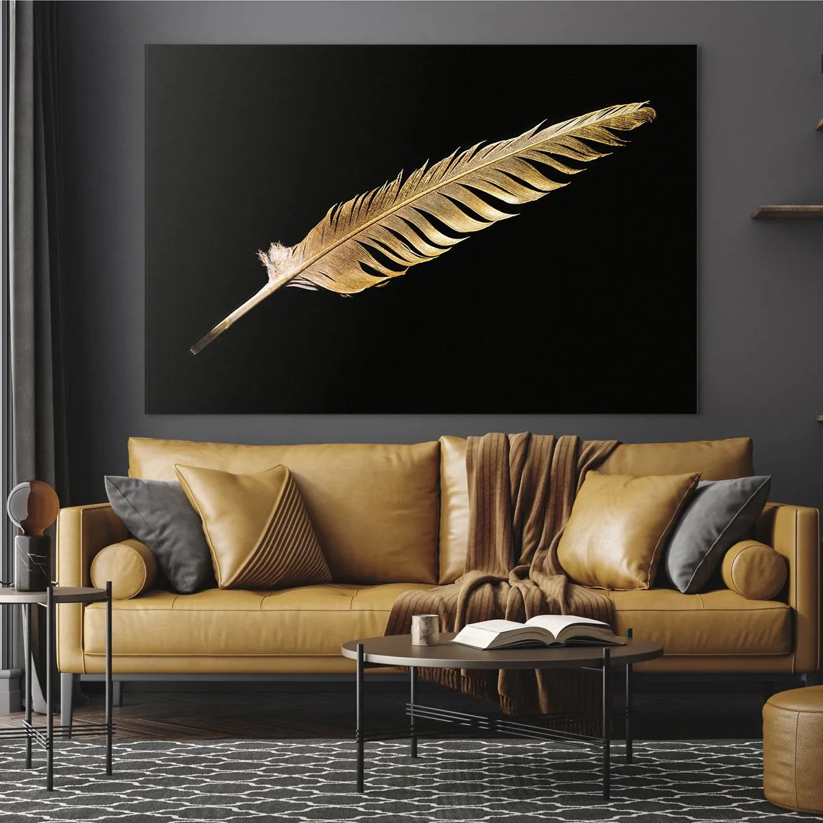 Billede på glas - En gylden fjer på en sort baggrund i minimalistisk stil - 70x50cm - Det er ikke nogen ringe præstation, at den... - Moderne vægdekoration til stue og soveværelse ARTTOR