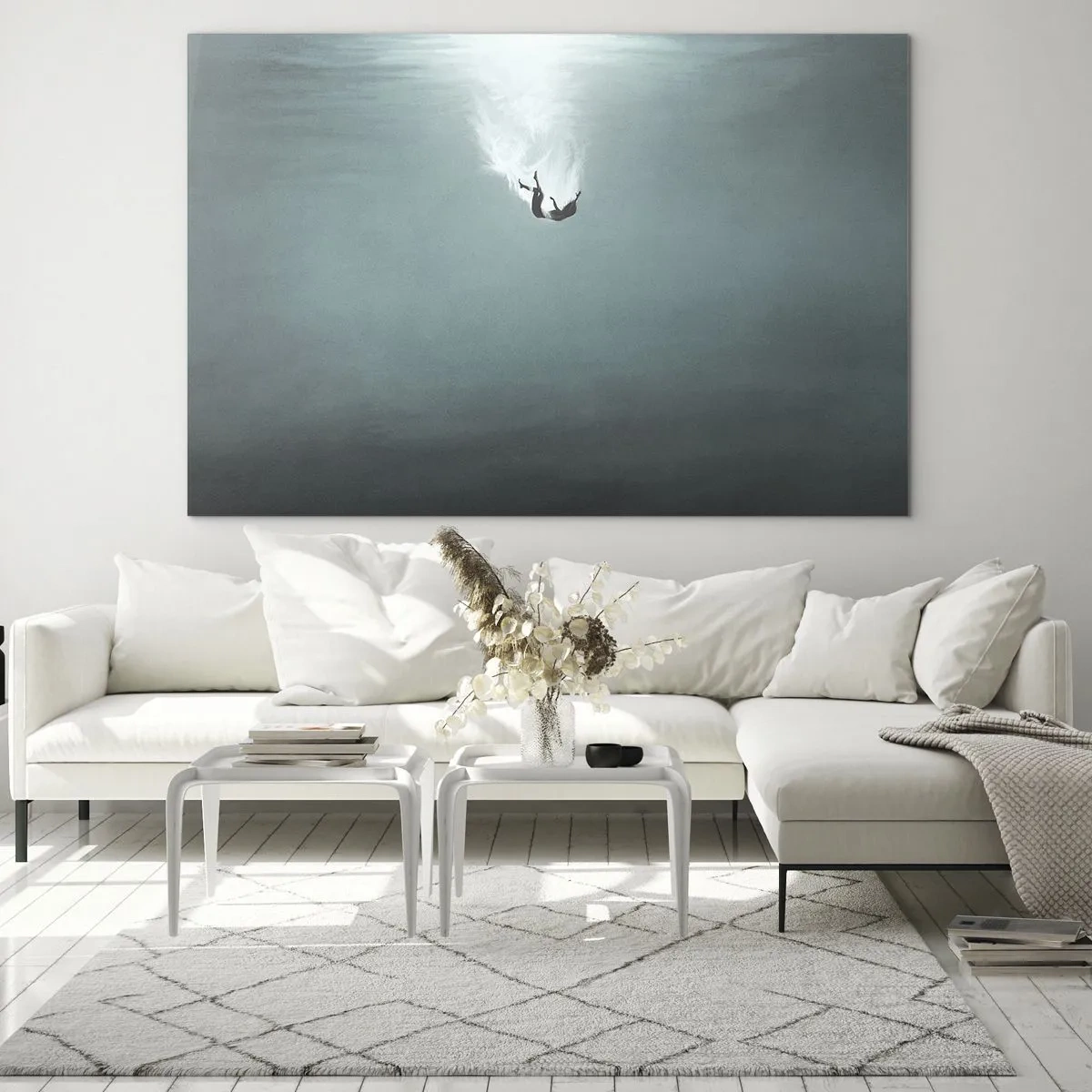 Billede på glas - Silhuetten af en mand fordybet i havets blå dyb - 70x50cm - I havets favntag - Moderne vægdekoration til stue og soveværelse ARTTOR