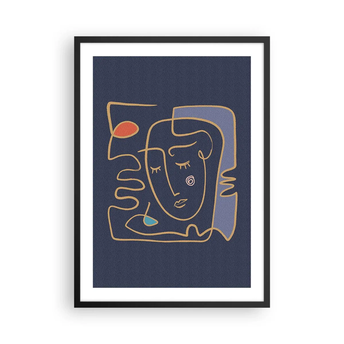 Plakat i sort ramme - Minimalistisk abstrakt ansigt på en marineblå baggrund i stregtegningsstil - 50x70cm - I drømmerier - Moderne vægdekoration til stue og soveværelse ARTTOR