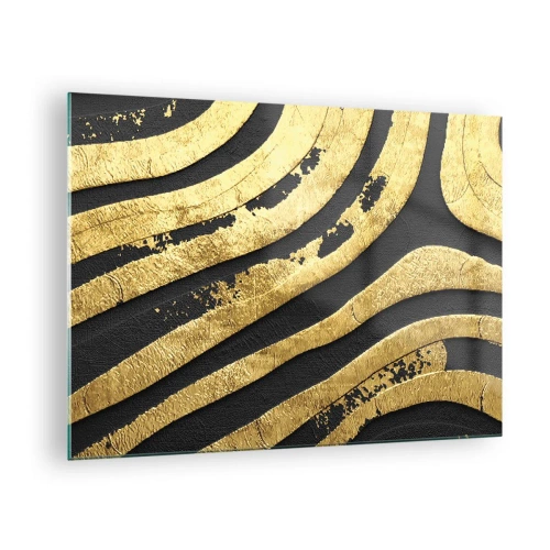 Billede på glas - Gyldne abstrakte linjer på en sort baggrund i en glamourøs stil - 70x50cm - Alt flyder - Moderne vægdekoration til stue og soveværelse ARTTOR