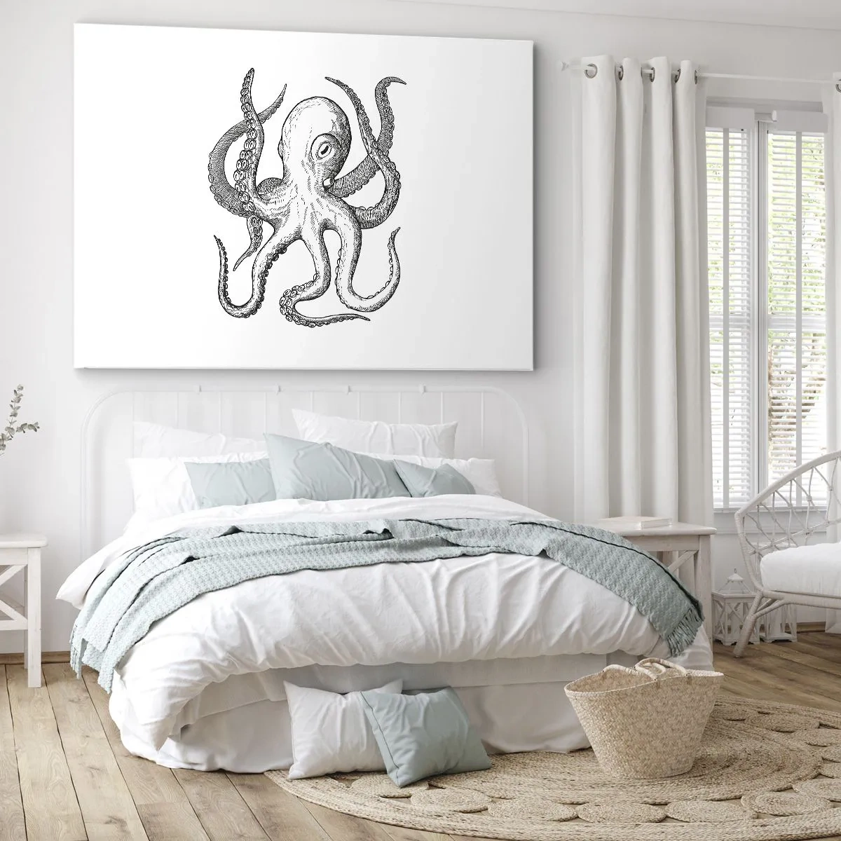 Lærredstryk - Billede på lærred - Sort-hvid tegning af en blæksprutte på en hvid baggrund i vintagestil - 70x50cm - Dans med bølger - Moderne vægdekoration til stue og soveværelse ARTTOR
