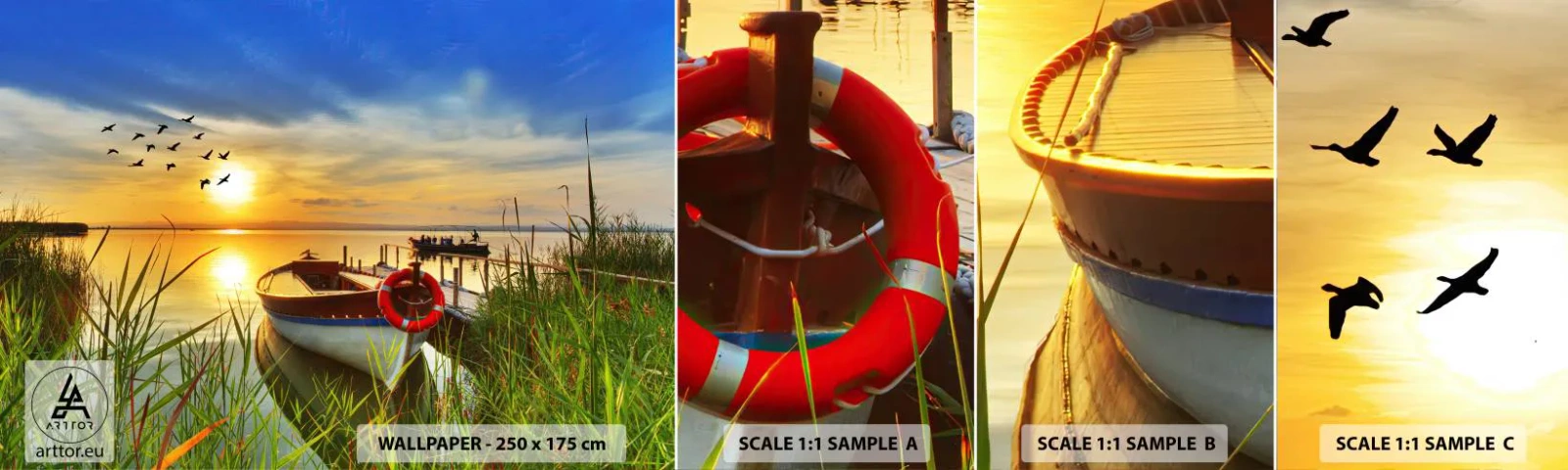 Fototapet Prøve Standard Eco - Skarverne er allerede på vej væk - Landskab, Sø, Solnedgang - 100x30 cm