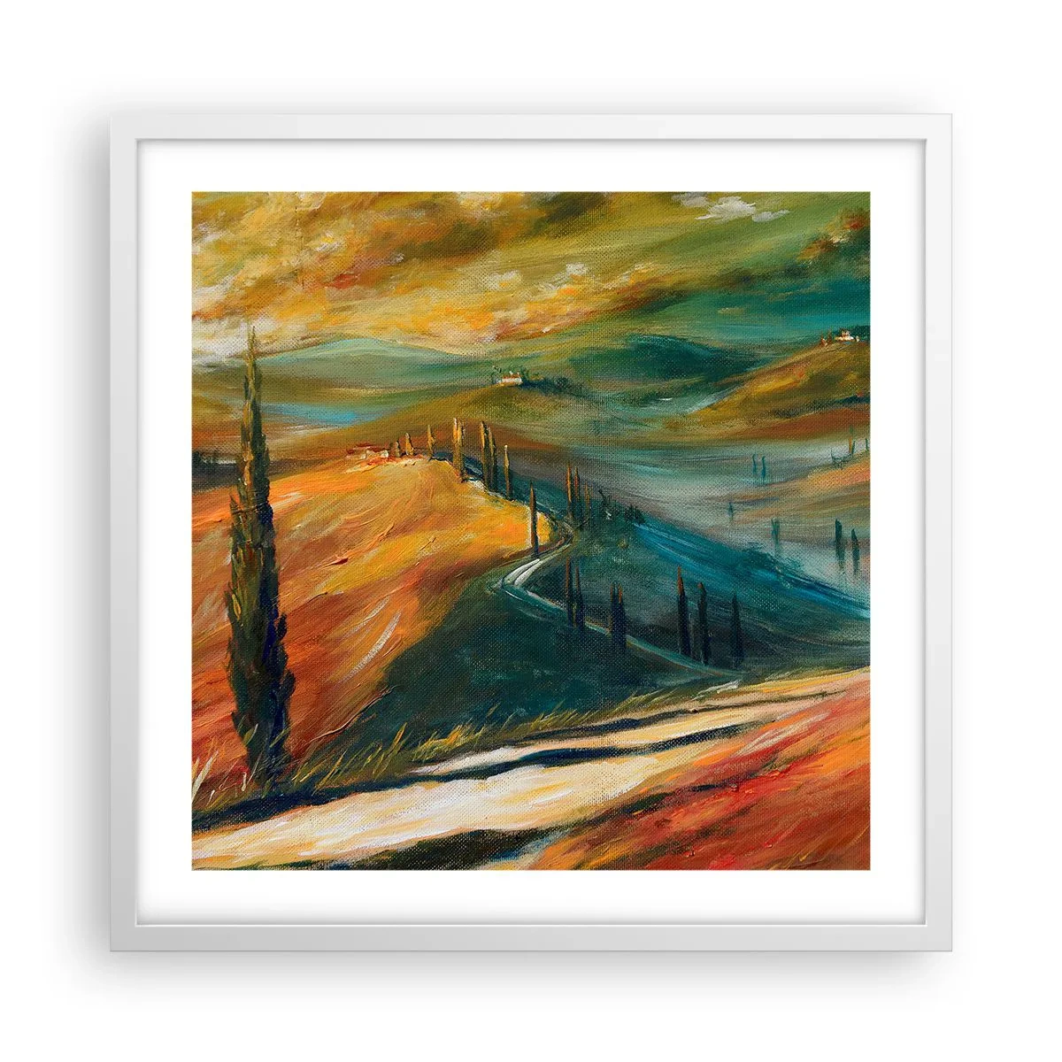 Plakat i hvid ramme - Toscansk landskab - 50x50 cm