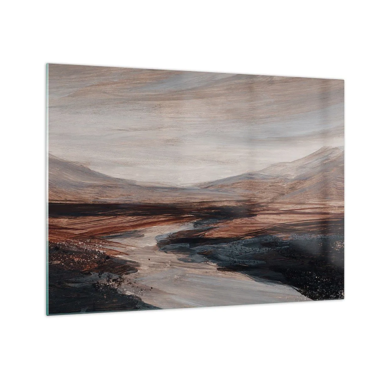 Billede på glas - En malerisk dal med en flod i nuancer af brunt og blåt - 70x50cm - Fredfyldt dal - Moderne vægdekoration til stue og soveværelse ARTTOR