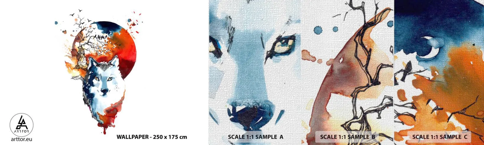 Prøve Fototapet Premium Canvas - Næse til næse med natten - Abstraktion, Dyr, Ulv - 100x30 cm