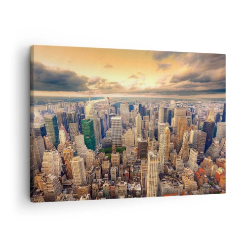 Lærredstryk - Billede på lærred - Bypanorama med udsigt over skyskrabere ved solnedgang - 70x50cm - En forgyldt metropol - Moderne vægdekoration til stue og soveværelse ARTTOR