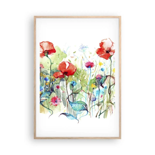 Plakat i ramme af lyst egetræ - En blomstrende eng i maj - 70x100 cm
