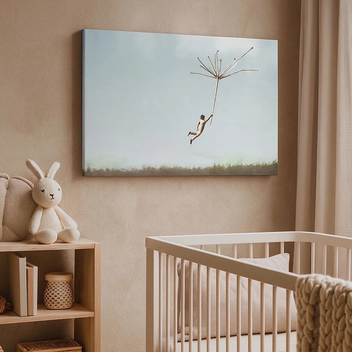 Lærredstryk - Billede på lærred - En figur løftet af et stort mælkebøttefrø - 70x50cm - Drager, blæsere, vind - Moderne vægdekoration til stue og soveværelse ARTTOR