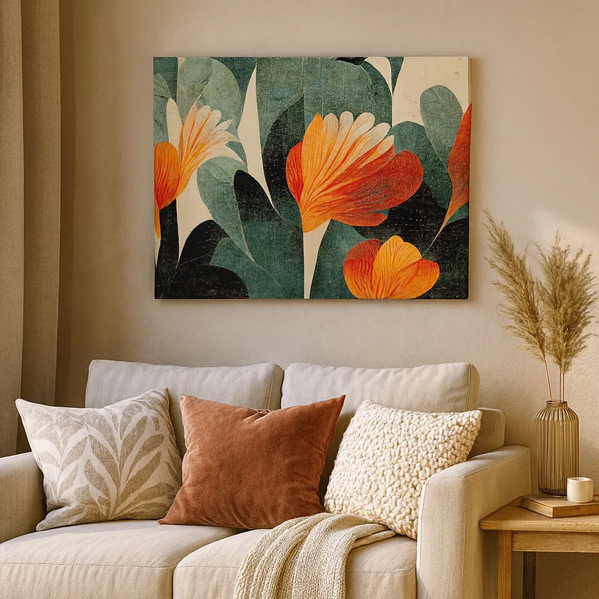 Lærredstryk - Billede på lærred - Blomster i intense nuancer af orange og grøn - 70x50cm - Varmen fra troperne og køligheden fra det grønne - Moderne vægdekoration til stue og soveværelse ARTTOR