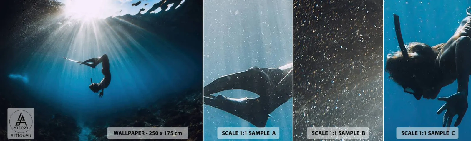Fototapet Prøve Standard Eco - Undervandsdans - Undervandshule, Solens stråler, Dykning - 100x30 cm