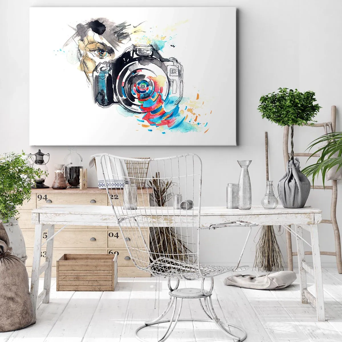 Lærredstryk - Billede på lærred - Akvarelkamera med farverige detaljer - 70x50cm - I linsens øje - Moderne vægdekoration til stue og soveværelse ARTTOR