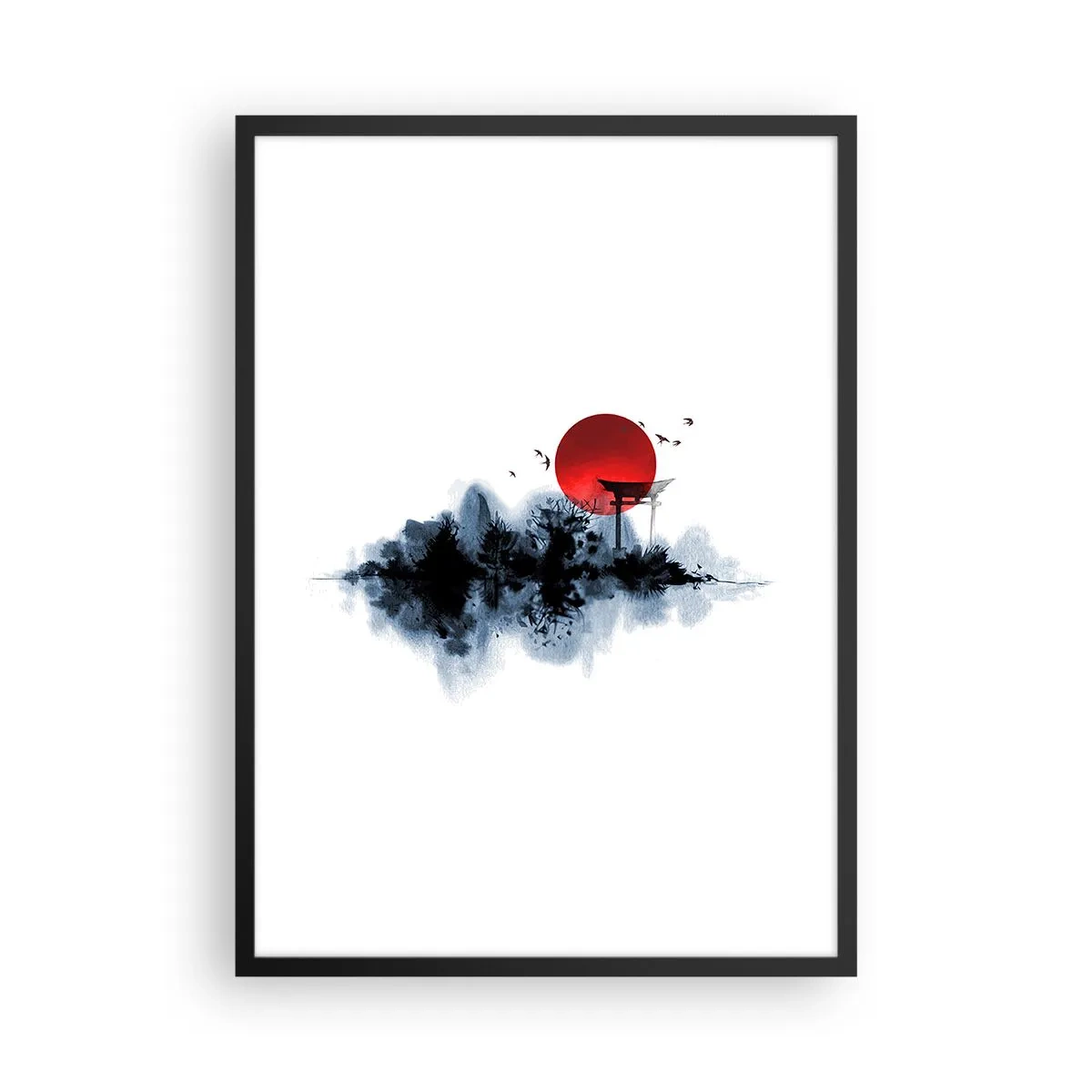 Plakat i sort ramme - Den røde solskive over den japanske Torii-port - 50x70cm - Et japansk synspunkt - Moderne vægdekoration til stue og soveværelse ARTTOR