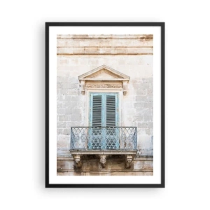 Plakat i sort ramme - Historisk balkon med blå skodder i middelhavsstil - 50x70cm - Den unikke charme i Italien - Moderne vægdekoration til stue og soveværelse ARTTOR