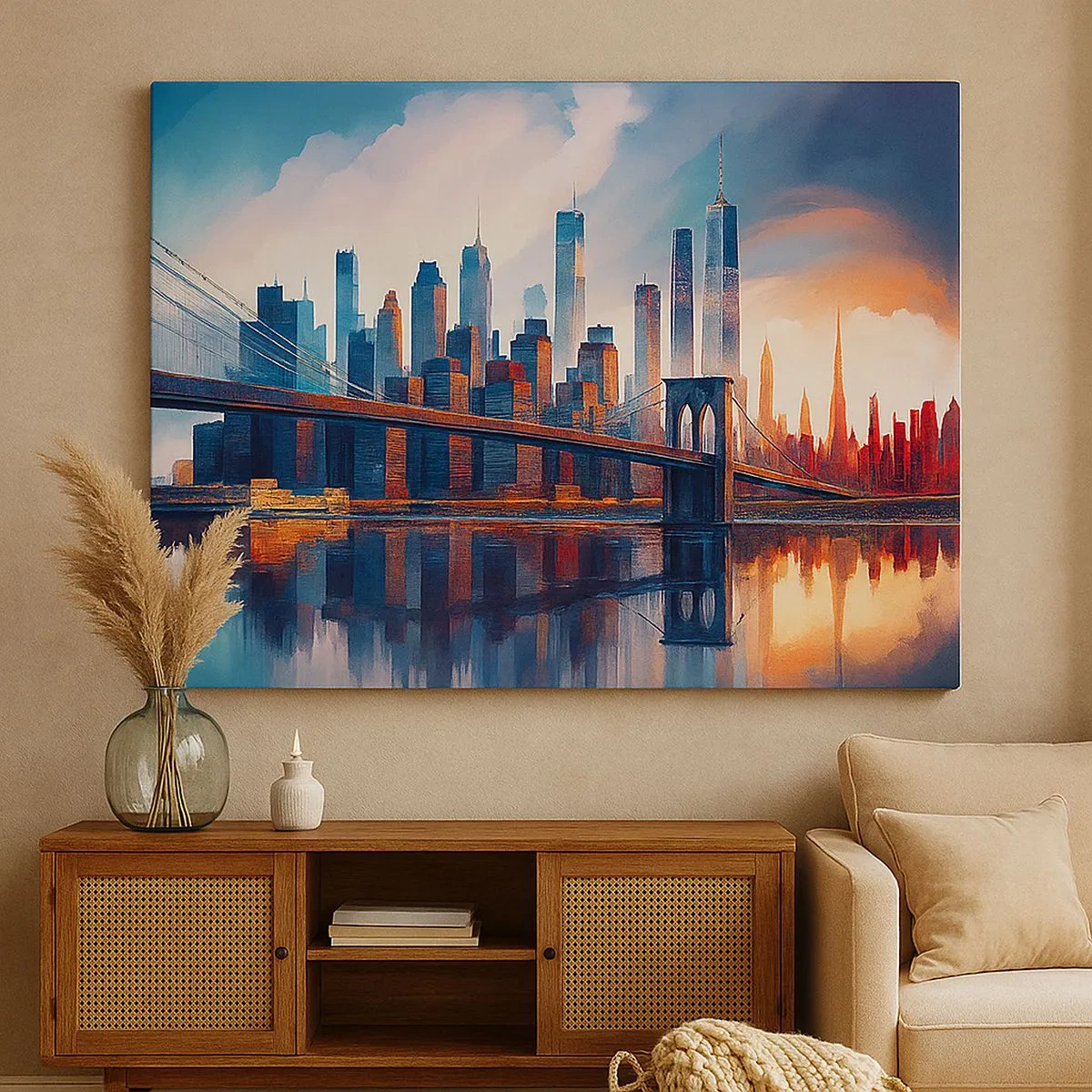 Lærredstryk - Billede på lærred - New York City panorama med bro og spejling i vand - 70x50cm - Fænomenale New York - Moderne vægdekoration til stue og soveværelse ARTTOR