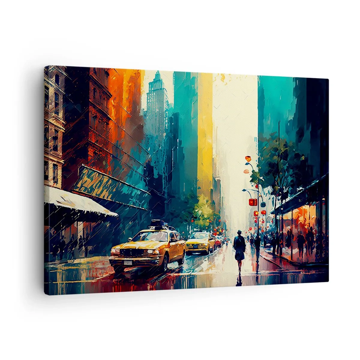Lærredstryk - Billede på lærred - En travl by med taxaer og forbipasserende - 70x50cm - New York - her er selv regnen farverig - Moderne vægdekoration til stue og soveværelse ARTTOR