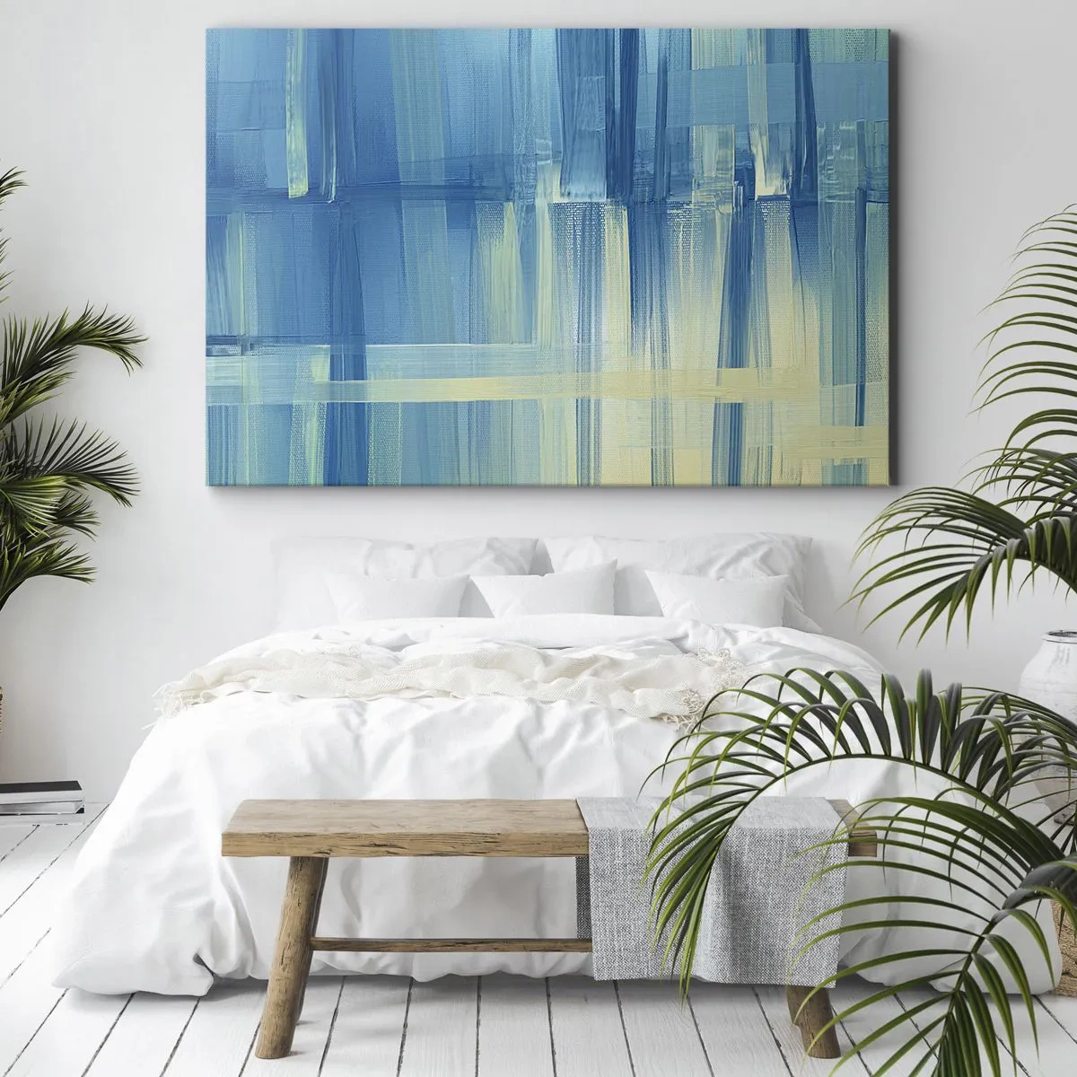 Lærredstryk - Billede på lærred - Et abstrakt maleri i turkis og blå nuancer med geometriske penselstrøg. - 70x50cm - Komposition i turkis - Moderne vægdekoration til stue og soveværelse ARTTOR