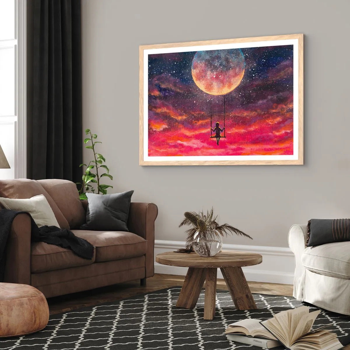 Plakat i ramme af lyst egetræ - Glæd dig i skyerne - 50x40 cm