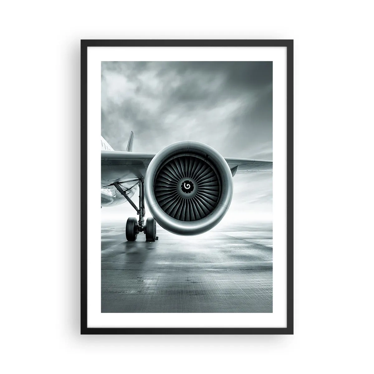 Plakat i sort ramme - En flyjetmotor i monokrome toner - 50x70cm - Der er kraft! - Moderne vægdekoration til stue og soveværelse ARTTOR