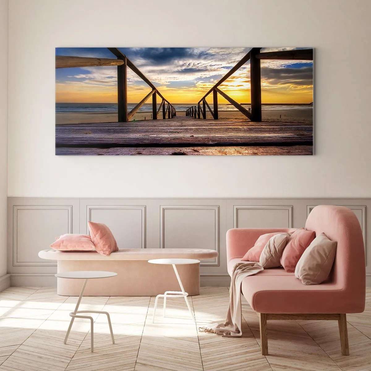 Billede på glas - Direkte til en stille strand ved solnedgang - 120x50 cm