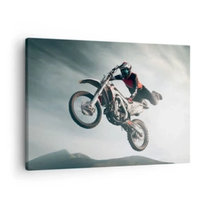 Lærredstryk - Billede på lærred - Motorcyklist i luften under et spring - 70x50cm - Ingen sjov uden risiko - Moderne vægdekoration til stue og soveværelse ARTTOR