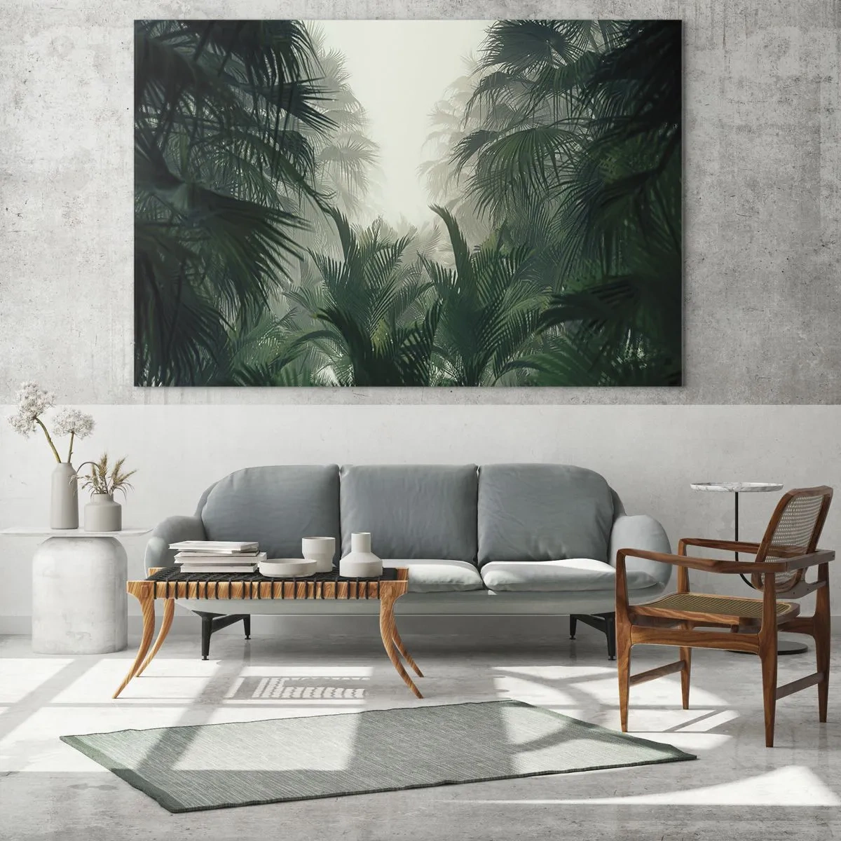 Billede på glas - Tropisk jungle indhyllet i tåge - 70x50cm - Tropisk mysterium - Moderne vægdekoration til stue og soveværelse ARTTOR