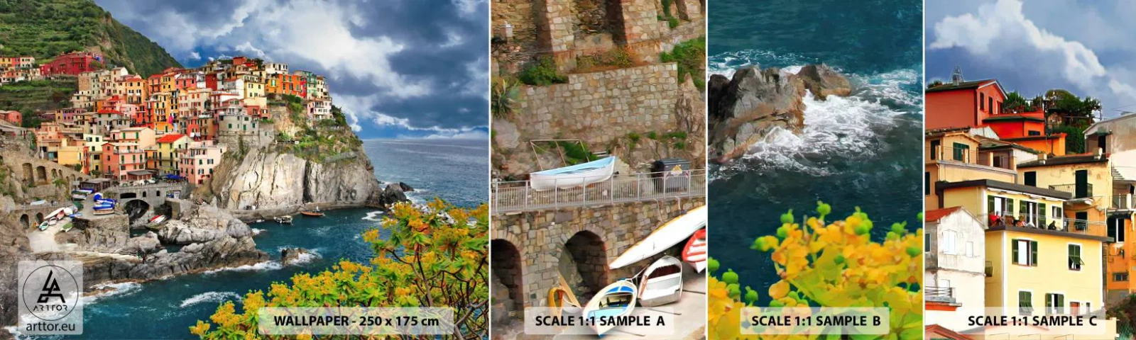 Prøve Fototapet Selvklæbende Deluxe Sticker - En klynge klæber sig til klipperne - Landskab, Arkitektur, Italien - 100x30 cm