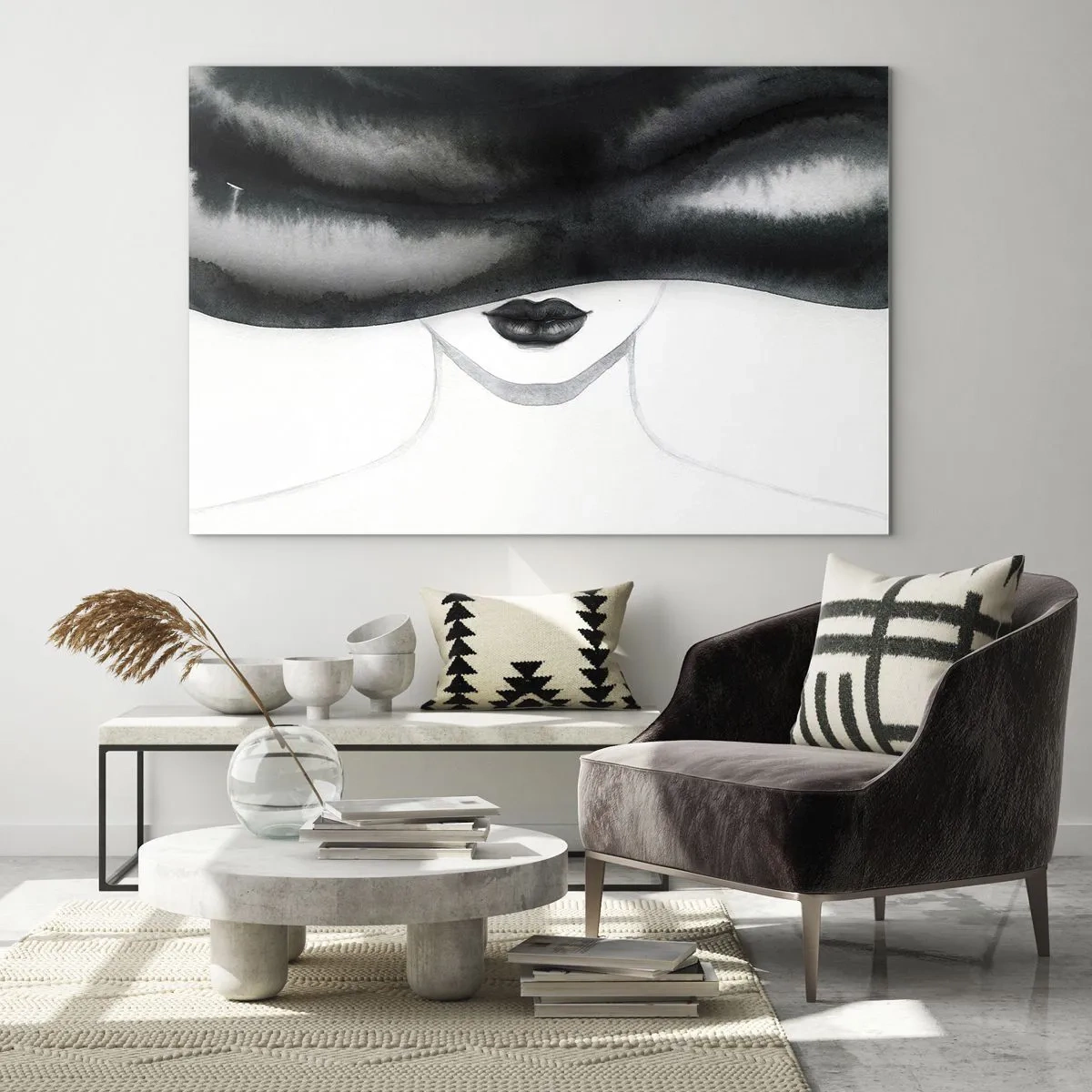 Billede på glas - Mystisk ansigt med tildækkede øjne i sort-hvid akvarel - 70x50cm - Et sensuelt mysterium - Moderne vægdekoration til stue og soveværelse ARTTOR