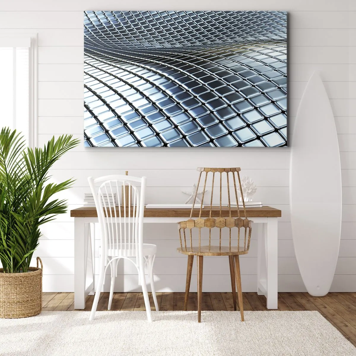 Lærredstryk - Billede på lærred - Moderne struktur lavet af metalliske firkanter - 70x50cm - Bølge i metallisk sølv - Moderne vægdekoration til stue og soveværelse ARTTOR