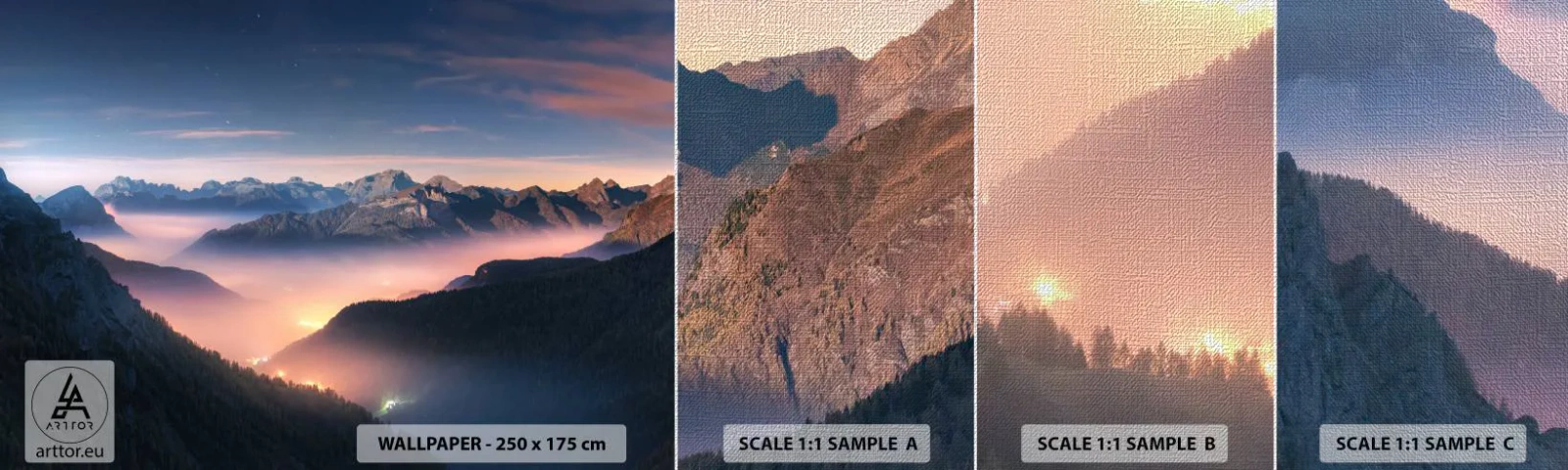 Prøve Fototapet Premium Canvas - Lys i dalene - Landskab, Bjerge, Skov - 100x30 cm