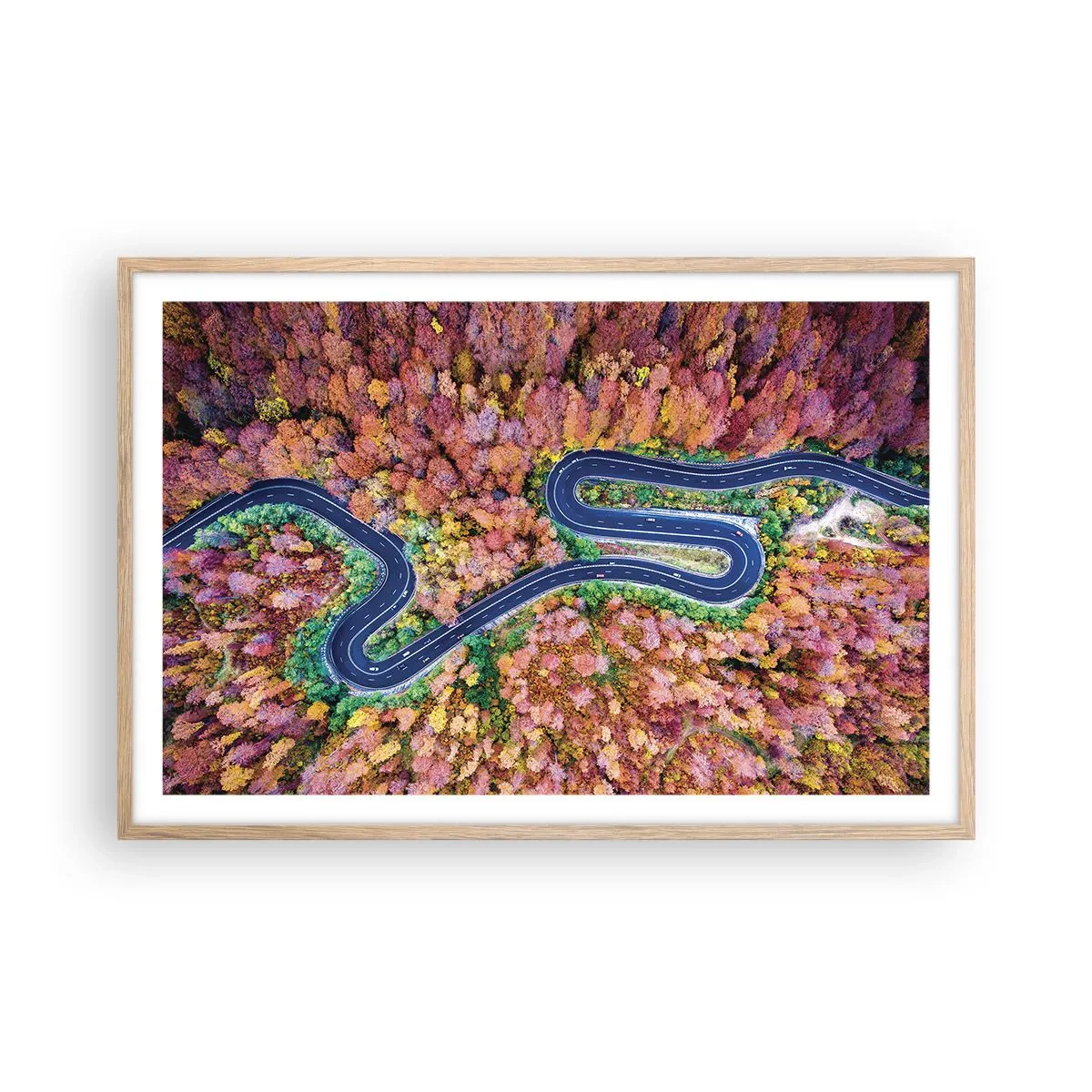 Plakat i ramme af lyst egetræ - En snoet vej gennem skoven - 91x61 cm