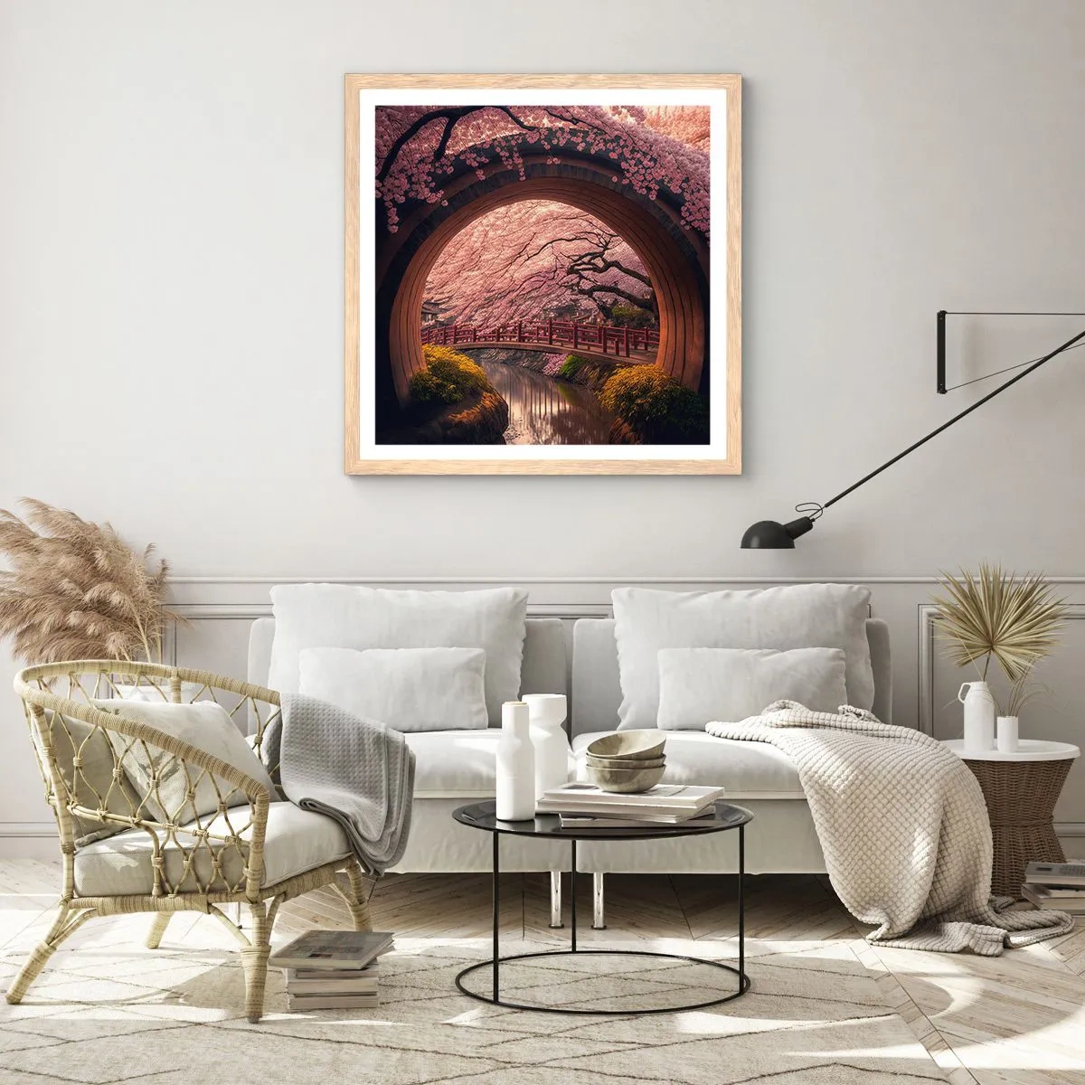 Plakat i ramme af lyst egetræ - Japansk forår - 60x60 cm