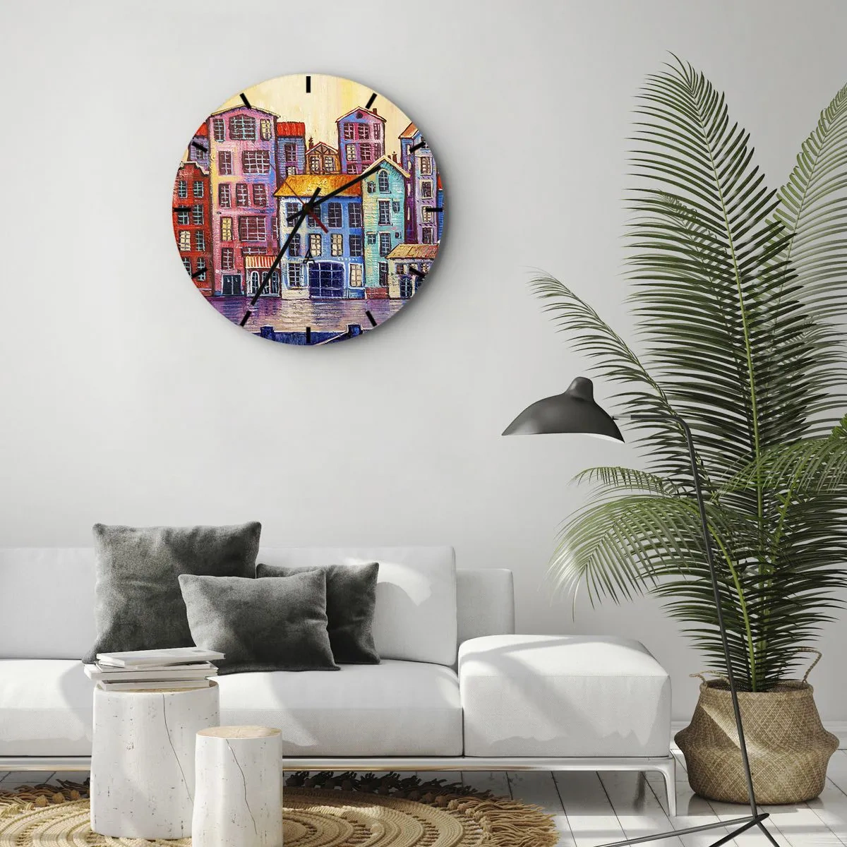 Vægur, Uret - Farverige lejlighedshuse spejlet i vandet i impressionistisk stil - 30x30cm - En by som et eventyr - Moderne vægdekoration til stue, køkken og soveværelse ARTTOR