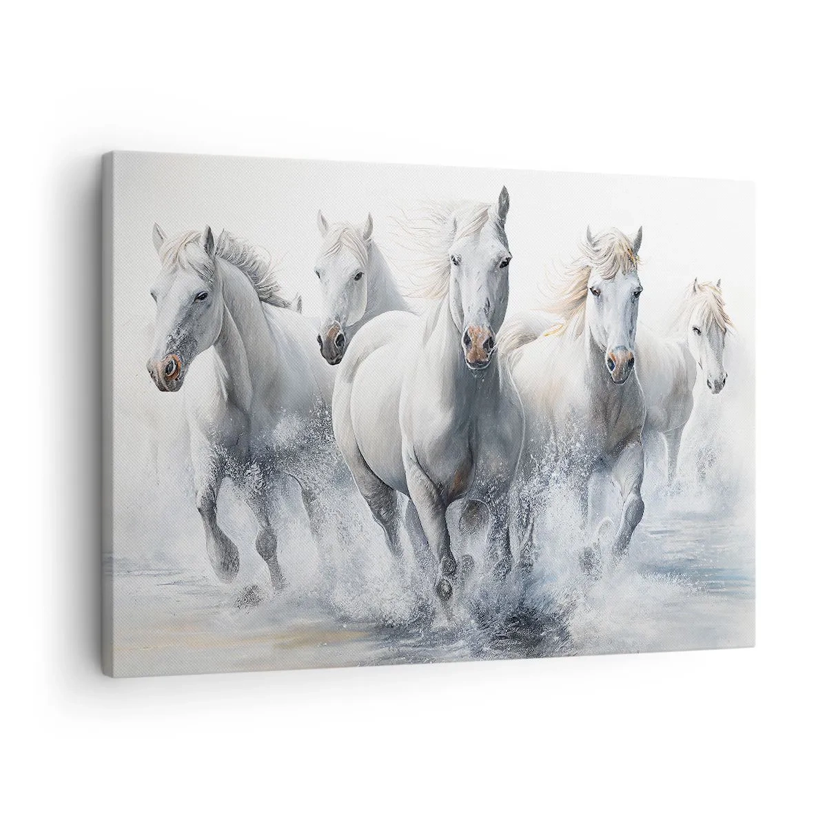 Lærredstryk - Billede på lærred - Hvide heste galoperer gennem vandet - 70x50cm - Hvid magi - Moderne vægdekoration til stue og soveværelse ARTTOR