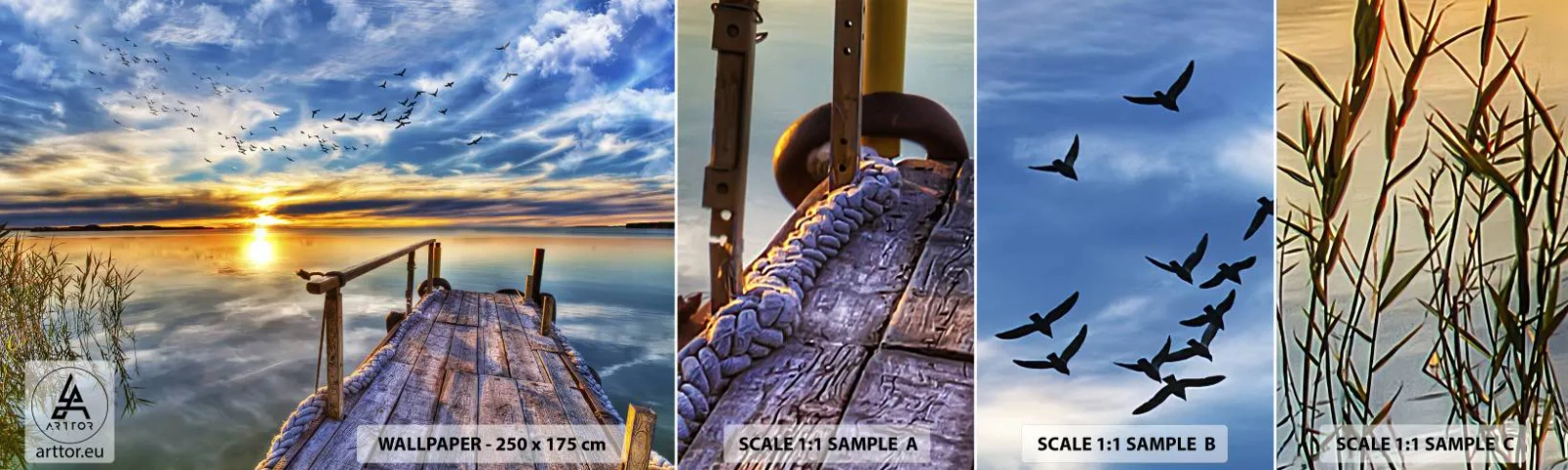 Prøve Fototapet Selvklæbende Deluxe Sticker - Vinden går til ro - Landskab, Sø, træbro - 100x30 cm