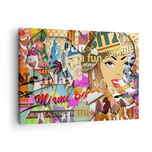 Lærredstryk - Billede på lærred - En farverig collage med retro- og pop art-elementer. - 70x50cm - Tilbageblikke på ferien - Moderne vægdekoration til stue og soveværelse ARTTOR