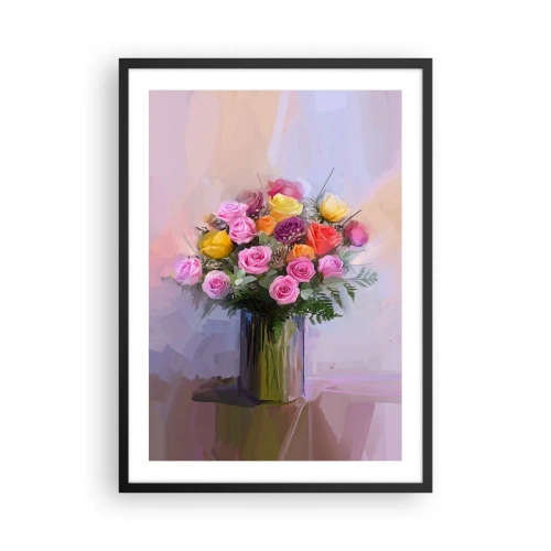 Plakat i sort ramme - En buket roser og blomster i en glasvase - 50x70cm - Bevaret skønhed - Moderne vægdekoration til stue og soveværelse ARTTOR