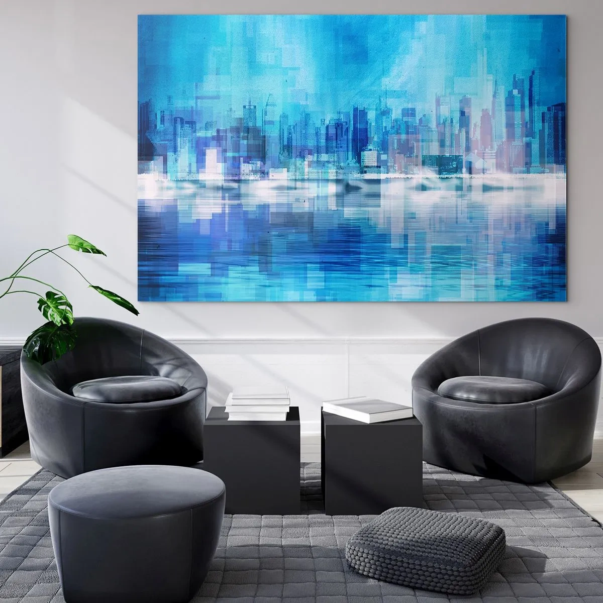 Billede på glas - Et moderne bypanorama i blå nuancer - 70x50cm - Sænket i blåt - Moderne vægdekoration til stue og soveværelse ARTTOR
