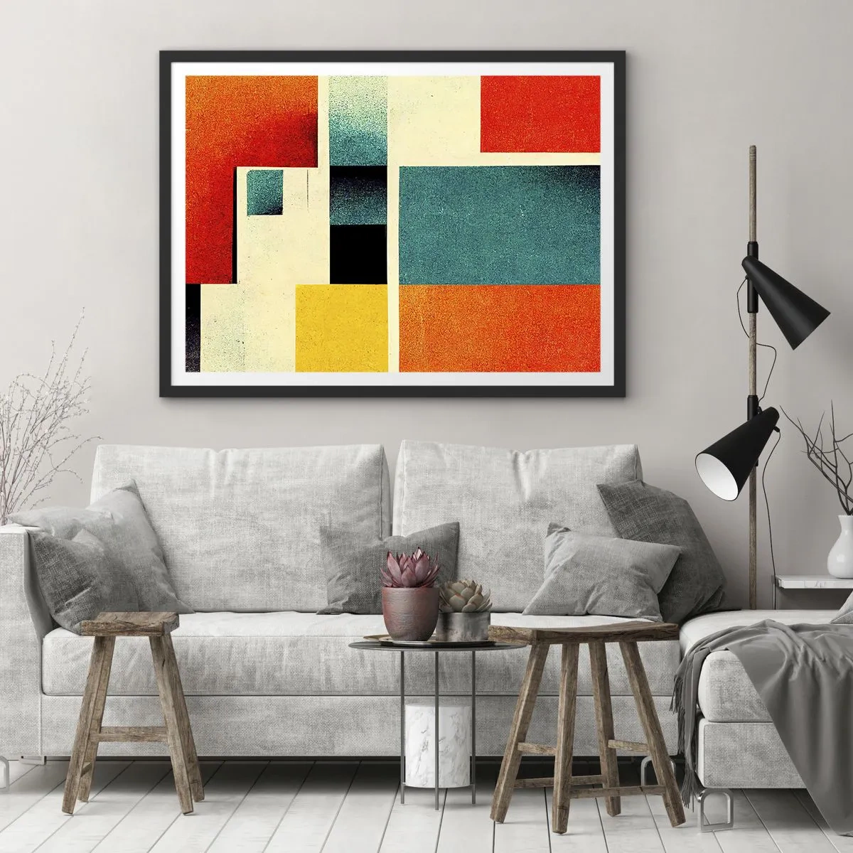 Plakat i sort ramme - Geometrisk abstraktion - god energi - 70x50 cm
