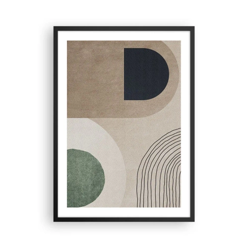Plakat i sort ramme - Geometrisk abstraktion i beige, grønne og sorte toner - 50x70cm - Blidheden i en oval - Moderne vægdekoration til stue og soveværelse ARTTOR
