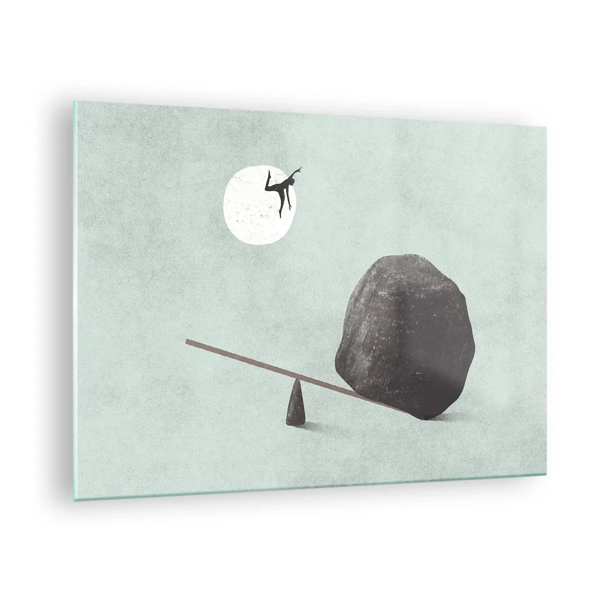 Billede på glas - En minimalistisk scene med en mand, der flyver mod månen. - 70x50cm - En drøm går i opfyldelse - Moderne vægdekoration til stue og soveværelse ARTTOR