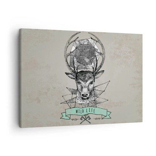 Lærredstryk - Billede på lærred - Hjortegeometri i vintagestil med Wild Life-skrift - 70x50cm - Synet af sankt Hubertus - Moderne vægdekoration til stue og soveværelse ARTTOR