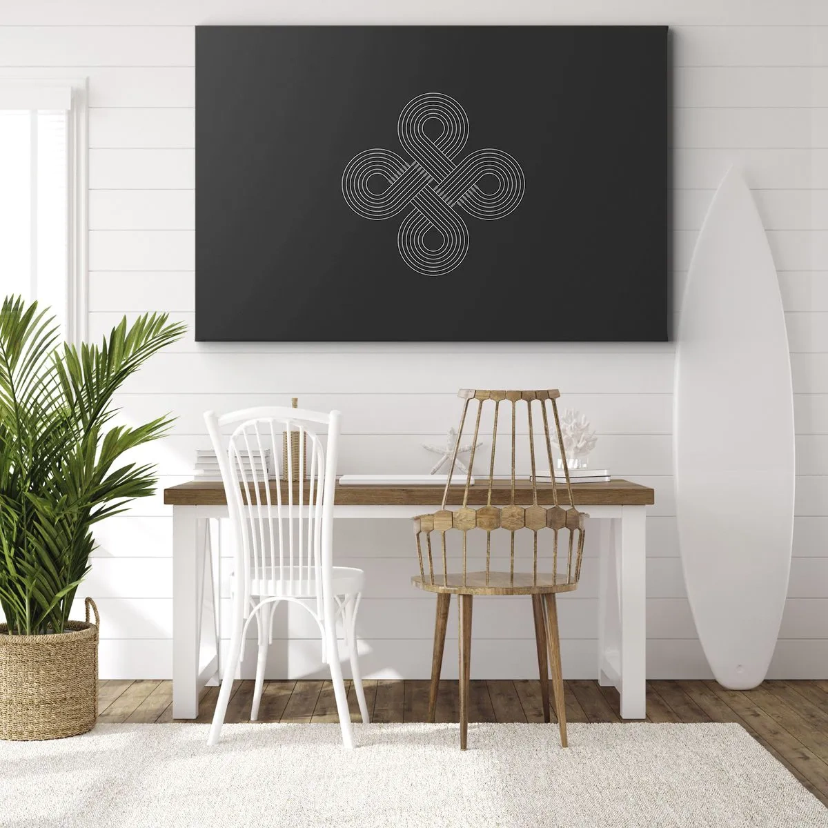 Lærredstryk - Billede på lærred - Keltisk mønster i minimalistisk stil på sort baggrund - 70x50cm - I den keltiske ånd - Moderne vægdekoration til stue og soveværelse ARTTOR